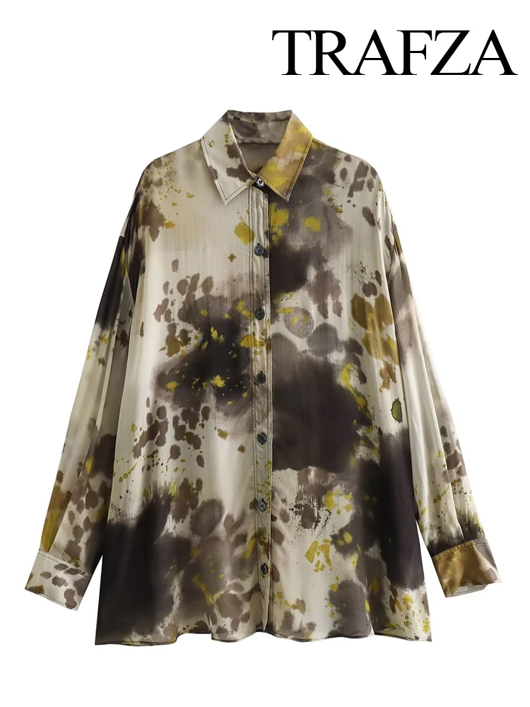 

TRAFZA Women Long Sleeve Lapel Single-Breasted Shirts Tops 2024 Fashion Female Chic Vintage Print Loose Slim Blouse Streetwear