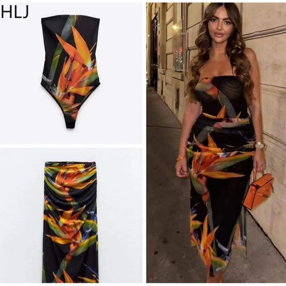 HLJ Sexy Print Off Shoulder Tube Bodysuit + Skinny Skirts Two Piece Sets Fashion Matching Nightclub Clothing Female 2pcs Outfits