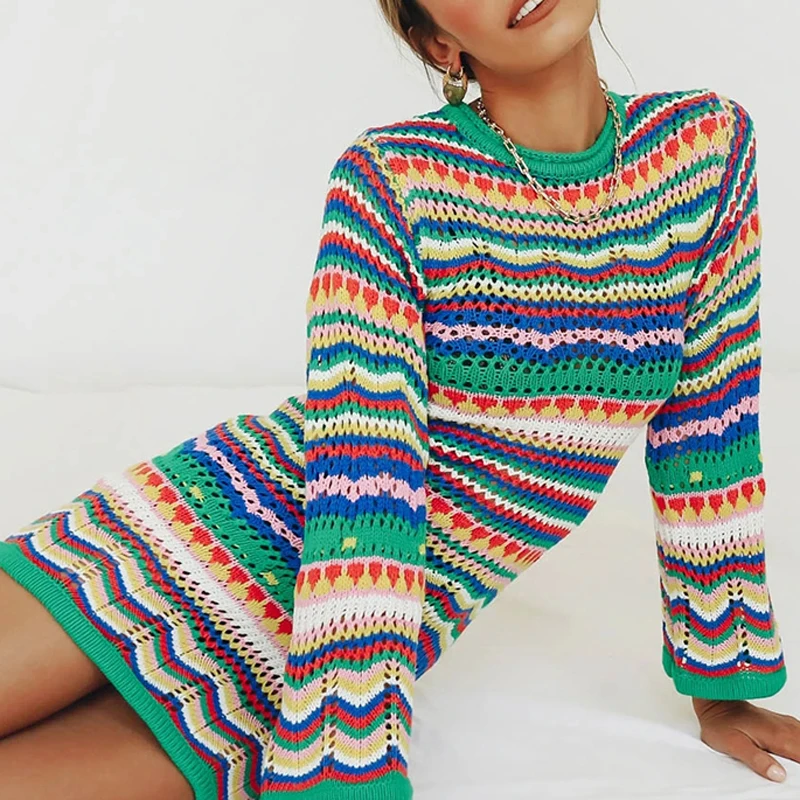 

Женское разноцветное вязаное платье, женское сексуальное облегающее мини-платье в богемном стиле с длинным рукавом и вырезом лодочкой, ажурное платье