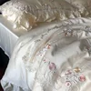 800TC Lyocell Bamboo Fiber Soft Silky Bedding Set Rose Floral Embroidery Lace Ruffles Duvet Cover Flat/Fitted Sheet Pillowcases 1