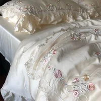 800TC Lyocell Bamboo Fiber Soft Silky Bedding Set Rose Floral Embroidery Lace Ruffles Duvet Cover Flat/Fitted Sheet Pillowcases 1