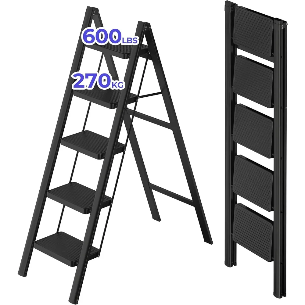 5 Step Ladder,Lightweight Folding Step Stool with Anti-Slip Pedal,600 lbs Portable Sturdy Steel Ladder for Adults 2