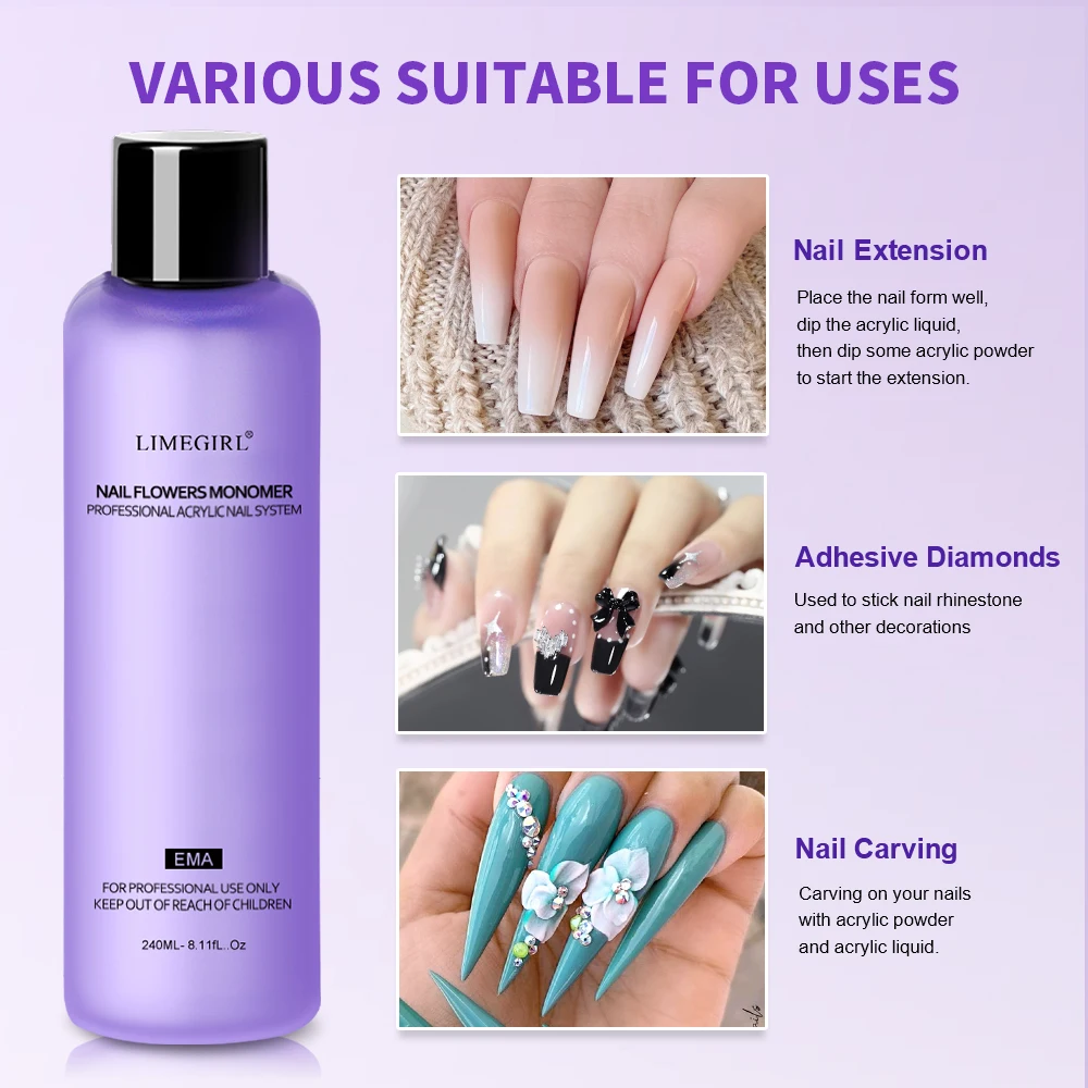 Limegirl Nail Acrylic Liquid Monomer Crystal 40ml/75ml/120ml/240ml for Nail Art Acrylic Powder Extension Professional Manicure 3