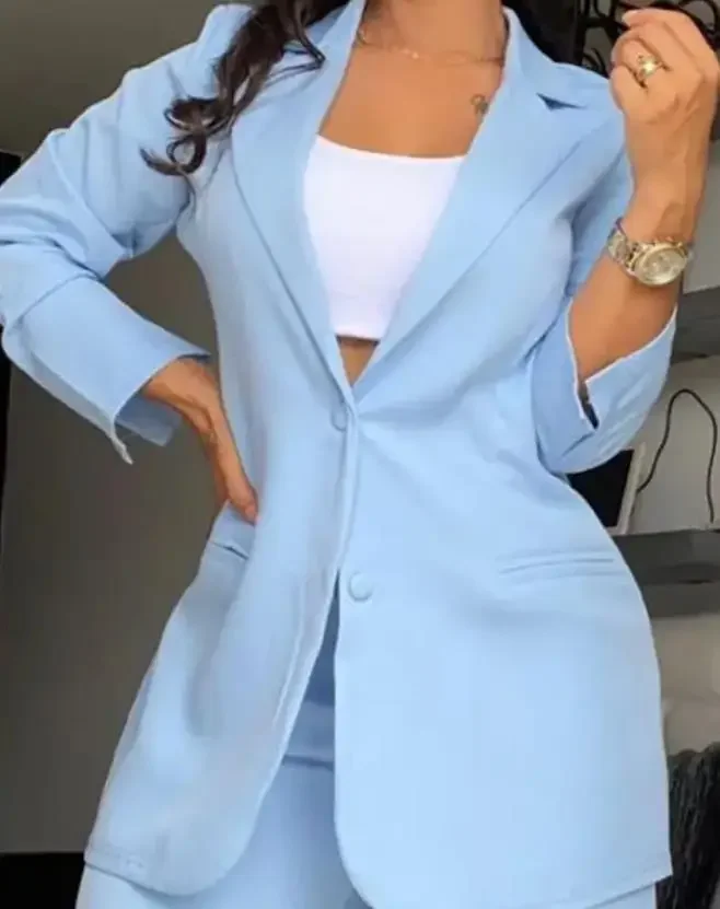 La Costume Elegant Blazer Sets Commuting 2024 Autumn Tracksuit Notched Collar Blazer Coat Pockets Loose Pants Suit for Women