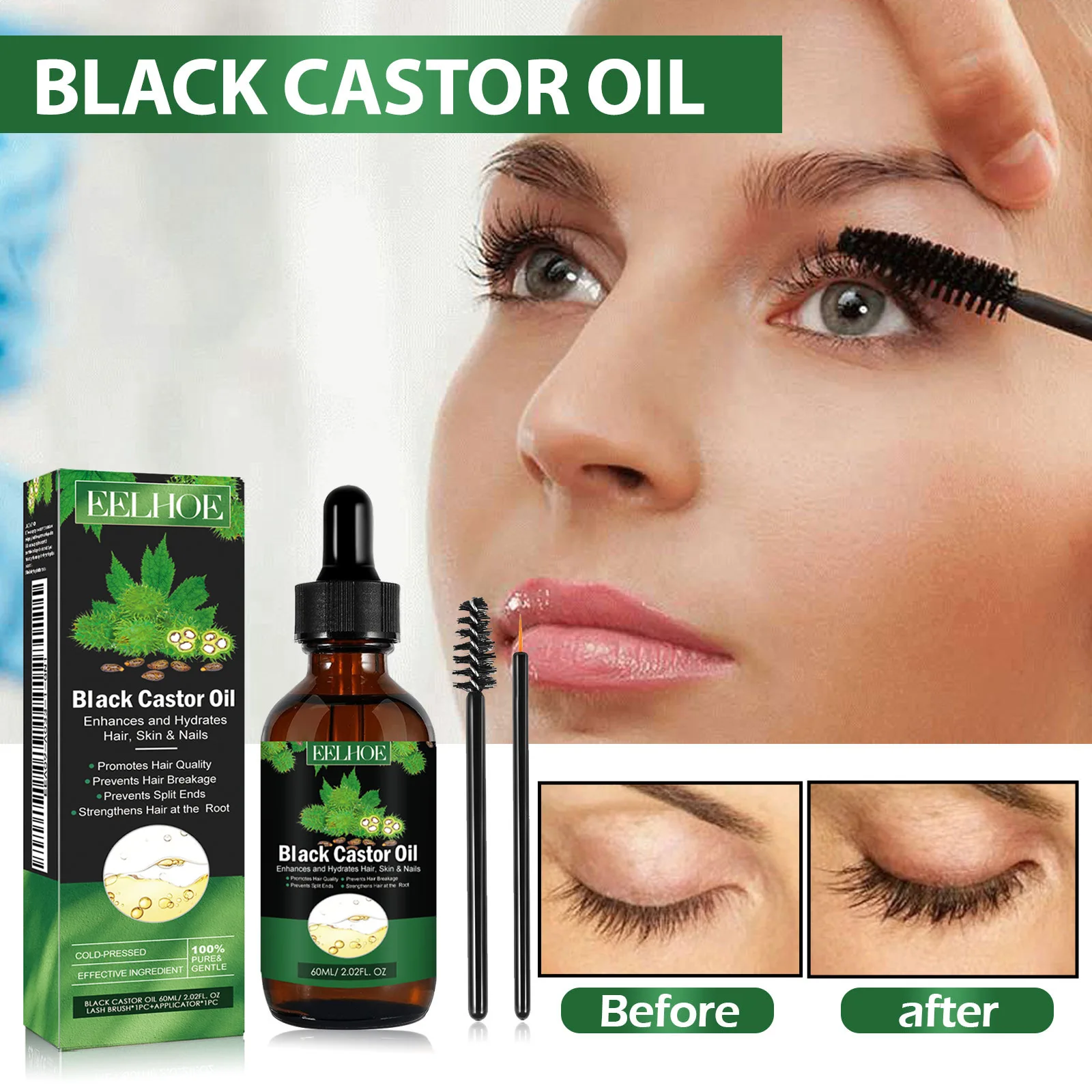 Eelhoe Castor Oil Dense Hair Liquid Moistens Hair Root and Strengthens Hairs Eyebrow Eyelashes Natural Thick Long hair growth
