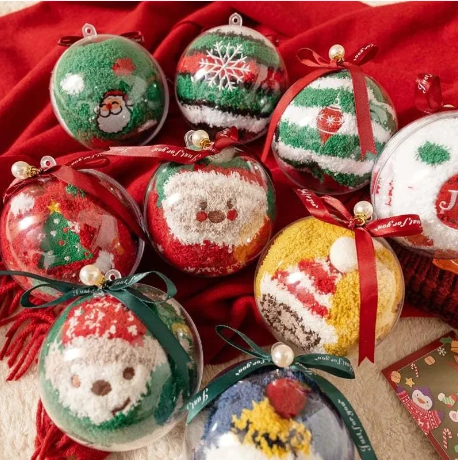 

Cute Christmas Round Ball Ornaments Coral Velvet Mid Tube Socks Cartoon Plush Sock Xmas Tree Pendents Practical Winter Warm Gift