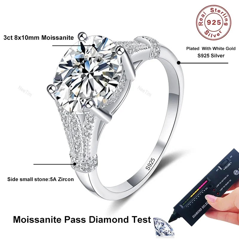 NeeTim 3ct 8x10mm Oval Cut Moissanite Engagement Ring Women Bridal Proposal Rings S925 Sterling Silver Wedding Band With GRA 5