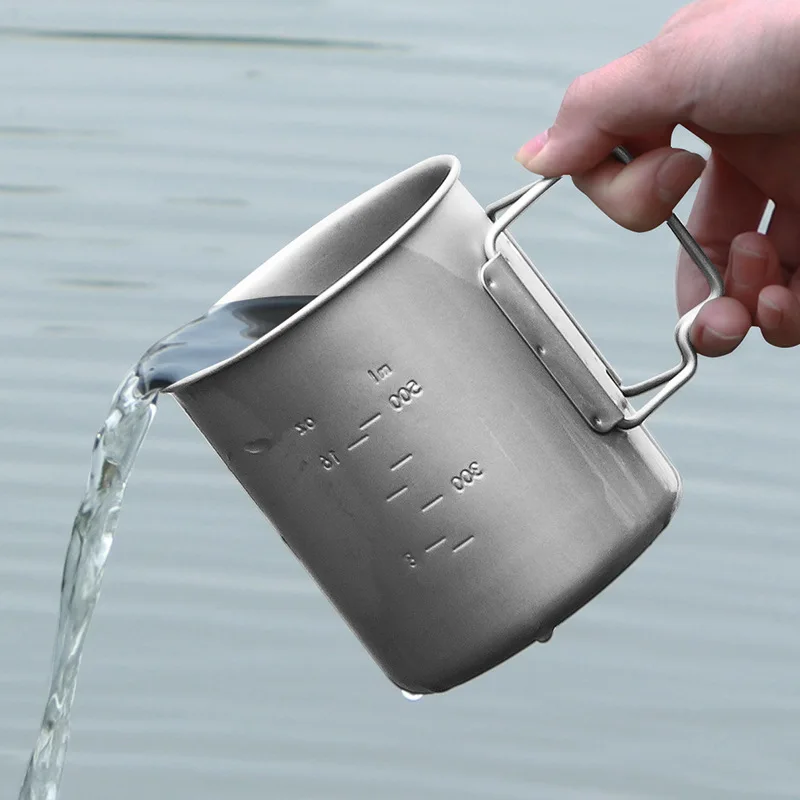 900ML Ultralight Titanium Cup Water Cup Mug With Lid Foldable Handle Outdoor Portable Camping Picnic Beaker Coffee Kitchen