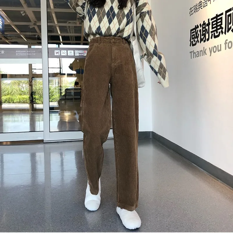 2021 Spring High Waist Corduroy Pants New Women Winter Wide Leg Trousers Casual Harajuku Long Pants Loose Trousers Streetwear