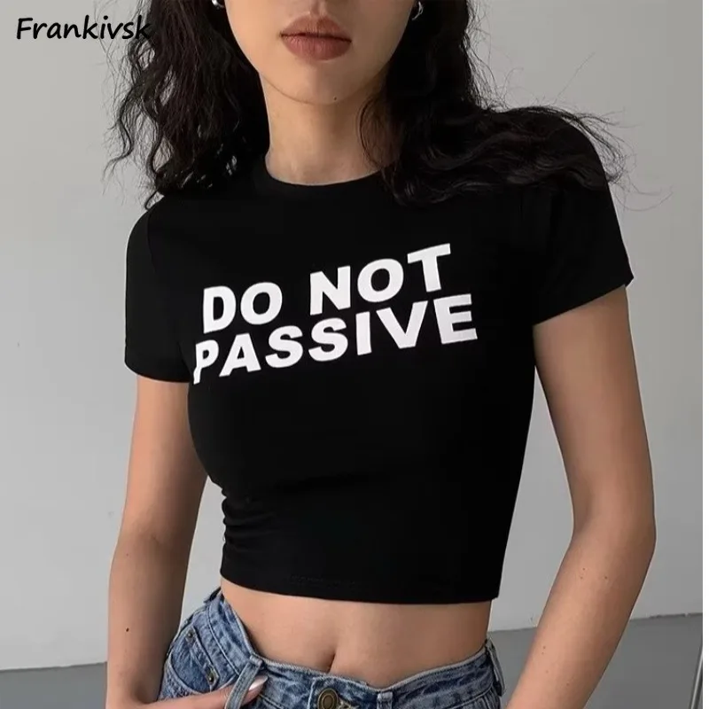 

Letter T-Shirts Women European Style Simple All-match Basic Retro Fashion Crop Tops Slim Stretchy Streetwear Tees Daily Hotsweet