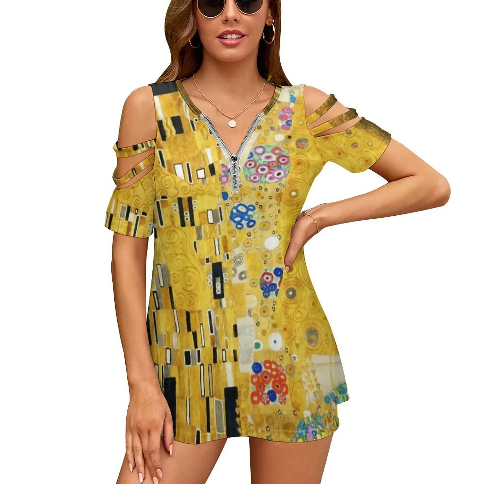 

Женская футболка с принтом Gustav Klimt The Kiss, новая модная повседневная футболка на молнии с V-образным вырезом