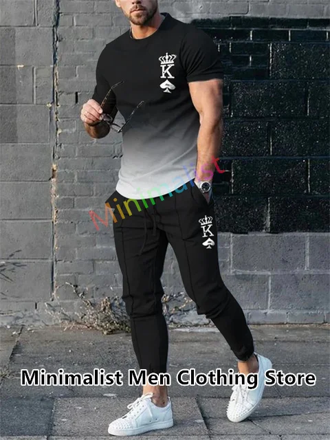 Summer Sportwear Suit Fashion Short Sleeve T Shirt Long Pants Sets Men Tracksuit Stripe Print Casual Trend Oversized Clothes