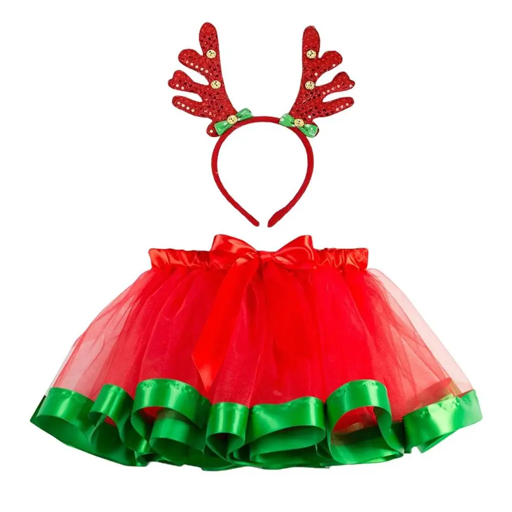 With Antler Headband Christmas TUTU Skirt Set for Kids 2-Piece Set Mesh Christmas Party Performance Outfit