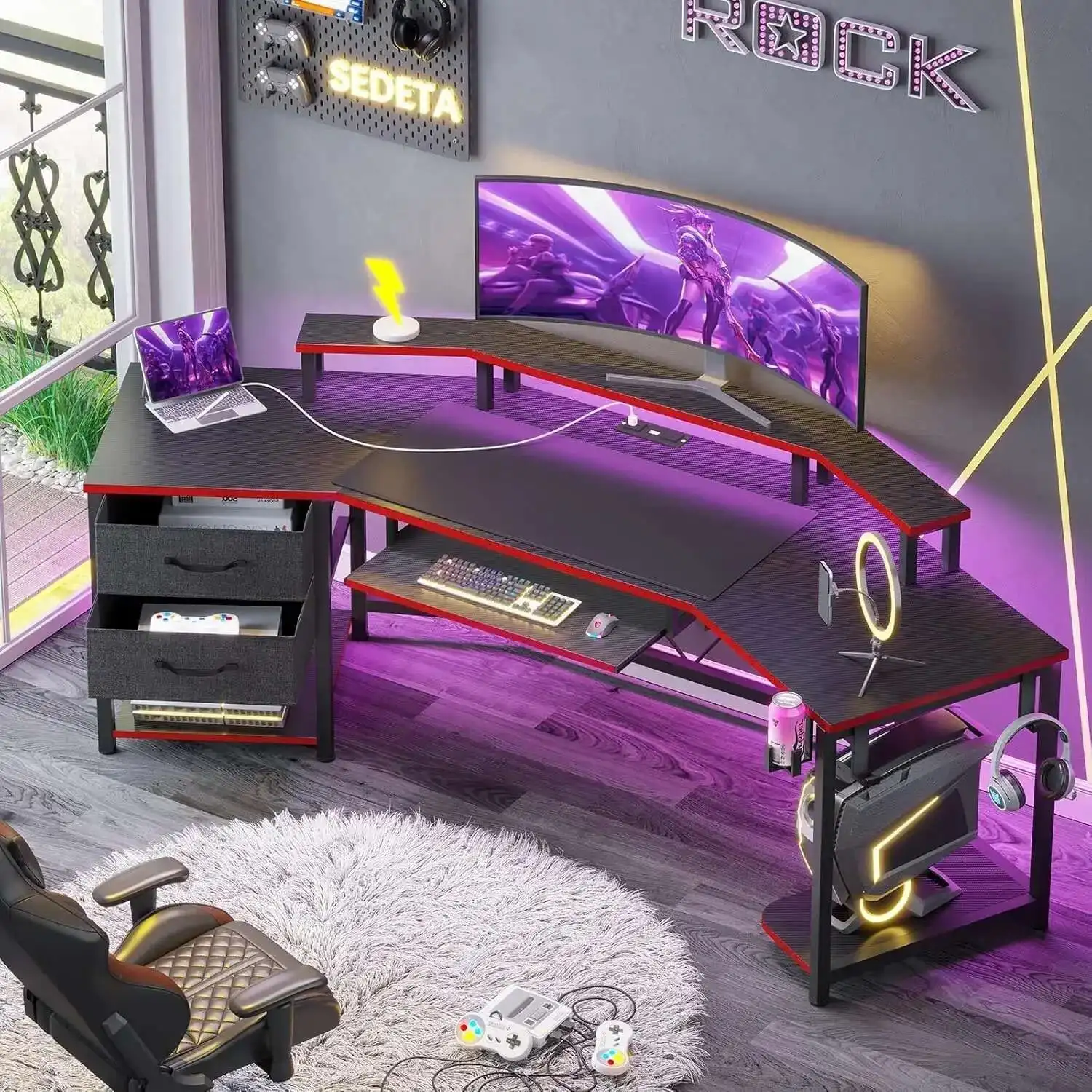 For 79" Gaming Desk, Computer Desk with 2 Fabric Drawers & LED Light, L Shaped Gaming Desk with Storage Shelf for Home Office