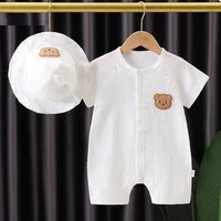 2Pcs Baby Summer Jumpsuits Hat Set Bear Muslin Newborn Romper for Boys Girls Clothes Toddler Onesie Infant Outfit Clothing 5
