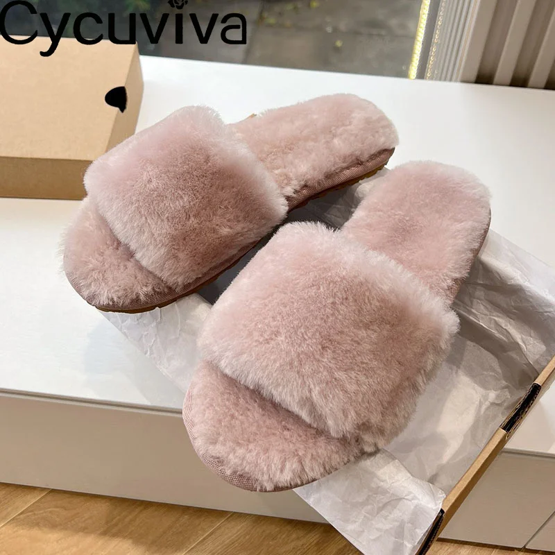 

Top Quality 2023 Natural Wool Fur Slippers Women Winter Slides Open Toe Ladies Warm Indoor Slippers Soft Flat Sole Home Slippers