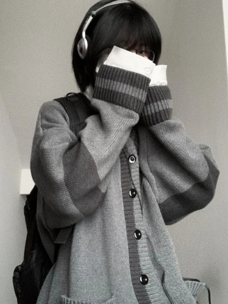 

Deeptown Y2K Vintage Striped Knitted Cardigan Women Harajuku Retro Oversized Sweater Female V-neck Long Sleeve Tops Preppy Style