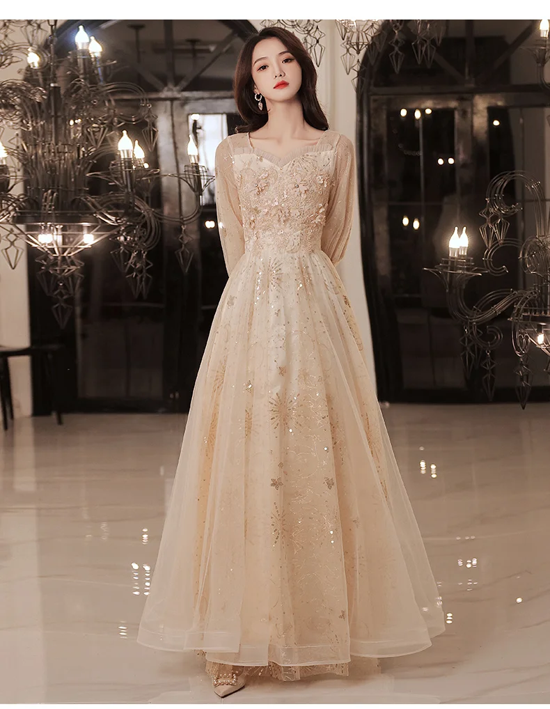 Champagne Evening Dresses For Women Sweetheart Appliques Sequined Tulle Floor-Length Long Wedding Party Gowns With 3/4 Sleeves plus size ball gowns