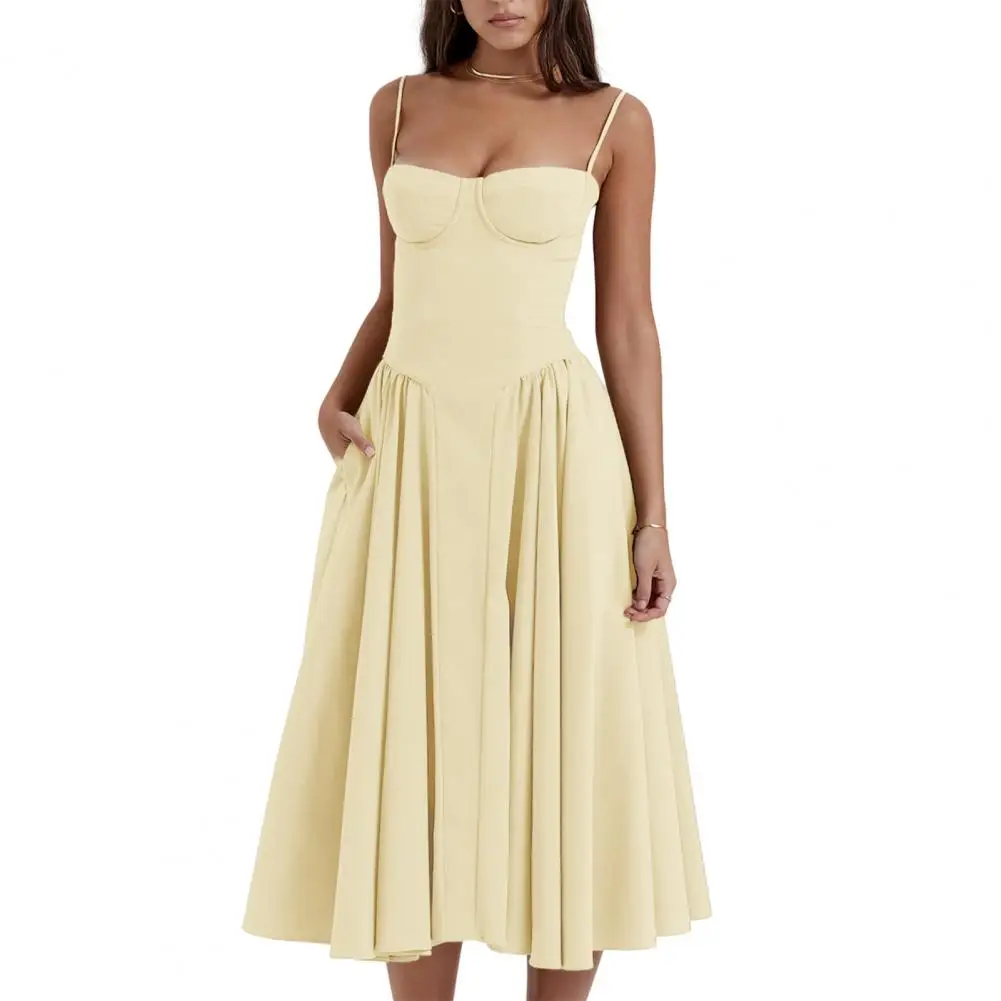 

Bandeau Sling Dress Women Summer 2023 Corset Design Loose Hem Pockets A-Line Midi Dress Solid Color Party Evening Dress