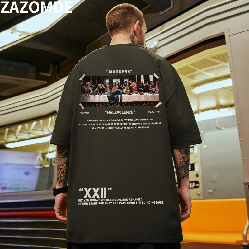 ZAZOMDE Summer New Vintage Print T Shirt Hip Hop Men Cotton Harajuku Tees Loose Couple T-Shirts Casual Gothic Streetwear Top |