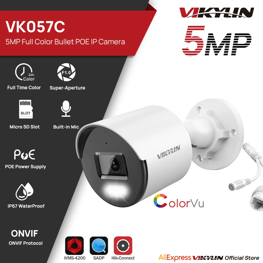 

VIKYLIN 5MP ColorVu Security CCTV IP Camera F1.0 FullColor Night Version SD Slot MIC POE IP67 Hikvision OEM IPC DS-2CD1057G0-LUF