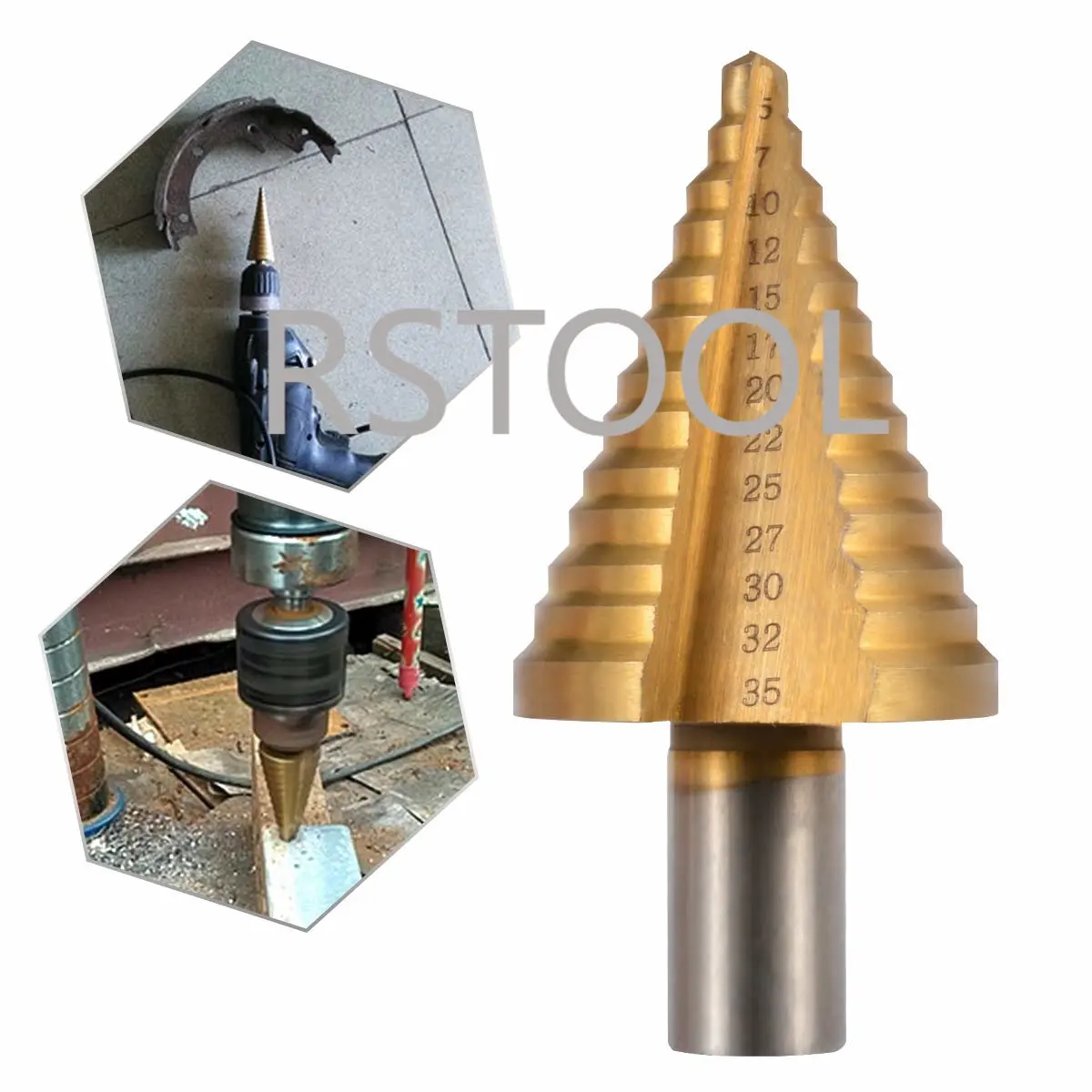 5-35mm Titanium Triangle Round Handle Step Drill Cone Drill Bits, High Speed Steel 13 Steps, Titanium coated tower drill bit