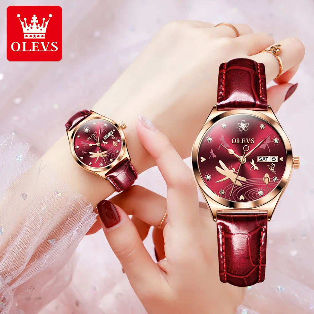 

OLEVS 6611 Automatic Mechanical Watches For Women Fashion Dragonfly Dial Calendar Waterproof Leather Strap Elegant Ladies