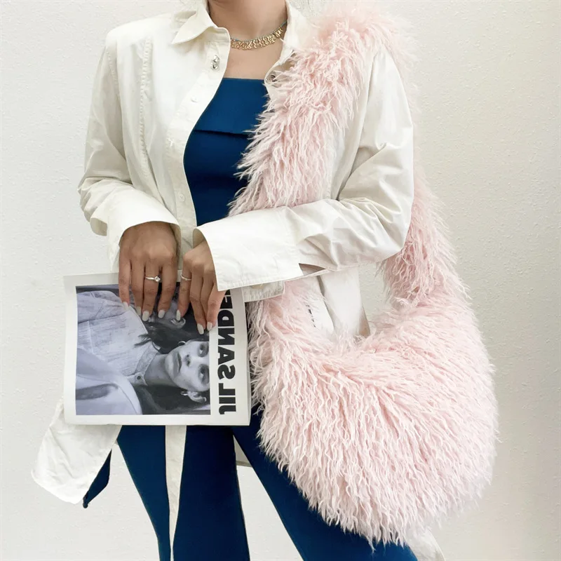 Bolso de hombro con pelo en forma de corazón estilo Harajuku para mujer, bandolera de piel sintética estilo punk Y2K, de gran tamaño