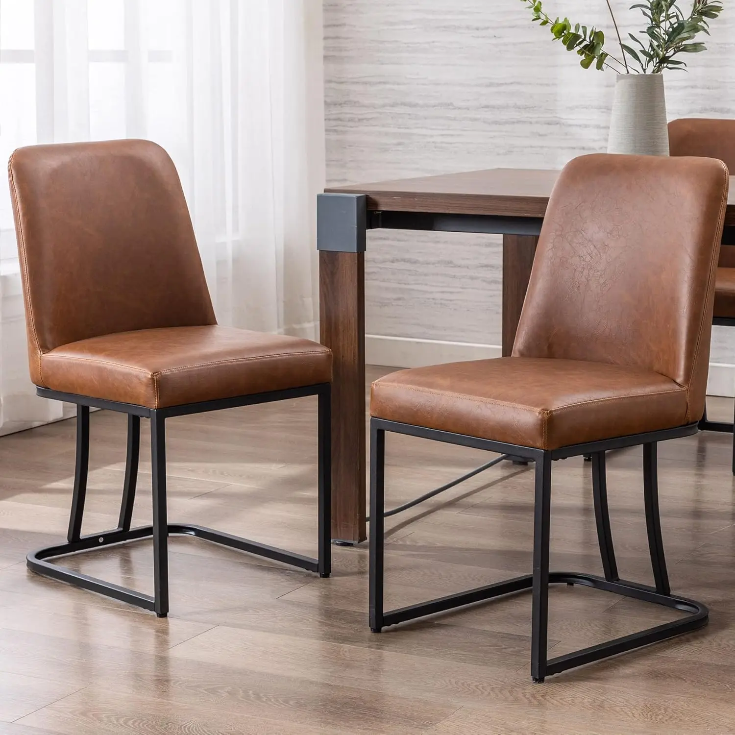 Faux Leather Upholstered Dining Chairs with Back, Mid Century Modern Chairs with Black Metal Frame