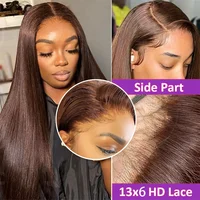 13x4 4 #   Perruques Lace Front Marron Chocolat en Cheveux Humains pour Femmes, Perruque Frontale HD Lisse avec Fermeture en Cheveux Humains, Cheveux Vietnamiens 4