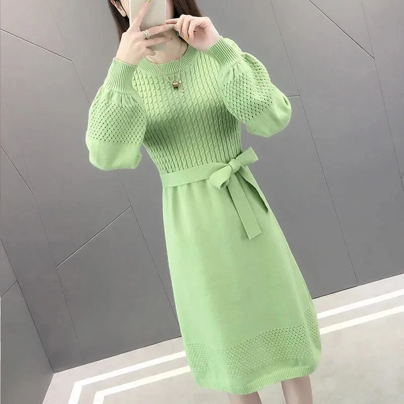 

Warm A-line Midi Knitted Dress Korean Fashion Knitwear Dresses Women Lace-up Vestidos Elegant Autumn Winter Sweater Robe
