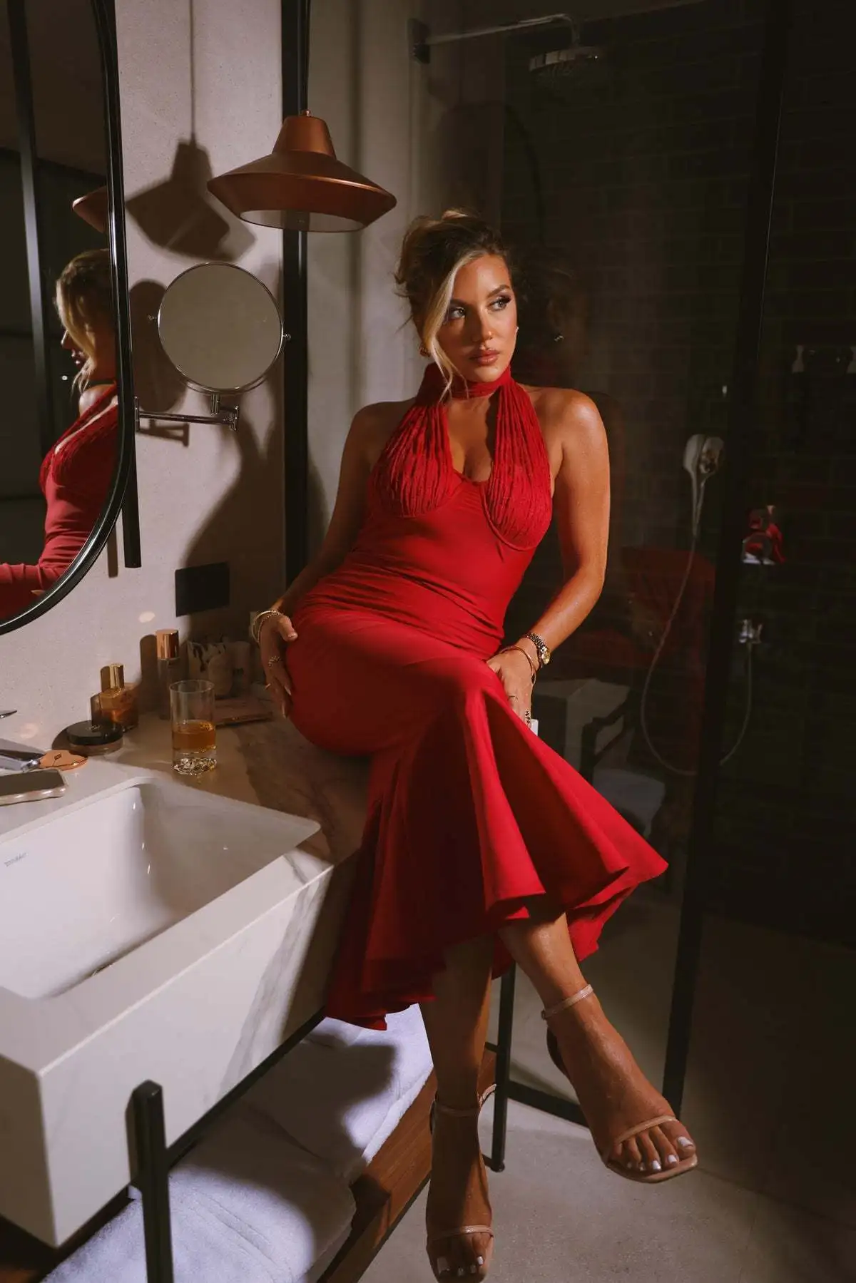 Sexy Hanging Collar Lace Patchwork Deep V Evening Dress Women Elegant Backless Party Club Vestido Autumn/winter New