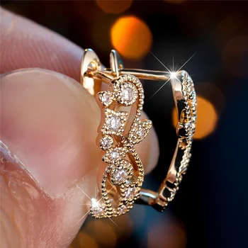 Cute Female White Zircon Stone Leaf Flower Hoop Earrings Luxury Gold Color Wedding Jewelry For Women