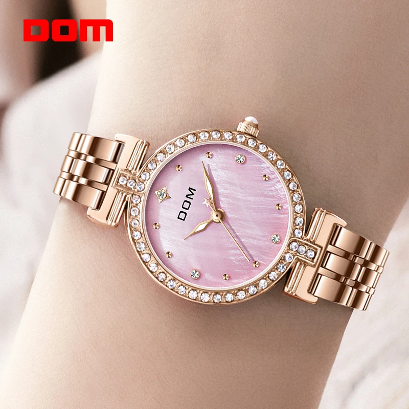 DOM Ladies Watch Fashion Square Ladies Quartz Watch Bracelet Set Pink Dial Simple Rose Gold Mesh Luxury Ladies Watch