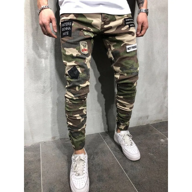 

Retro Punk Casual Fashion Elastic High Waist Sport Hip Hop Slim Fit Jeans Trousres Y2K Clothes Men Camouflage Pencil Denim Pants