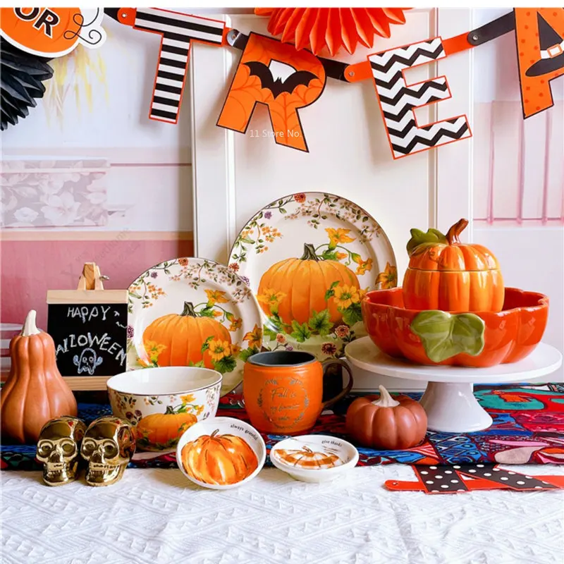 Ceramic Tableware Set Halloween Pumpkin Series Dessert Snacks Fruit Plate Western Steak Tray Bowl Party with Cups Gift Ornaments ceramic tableware set