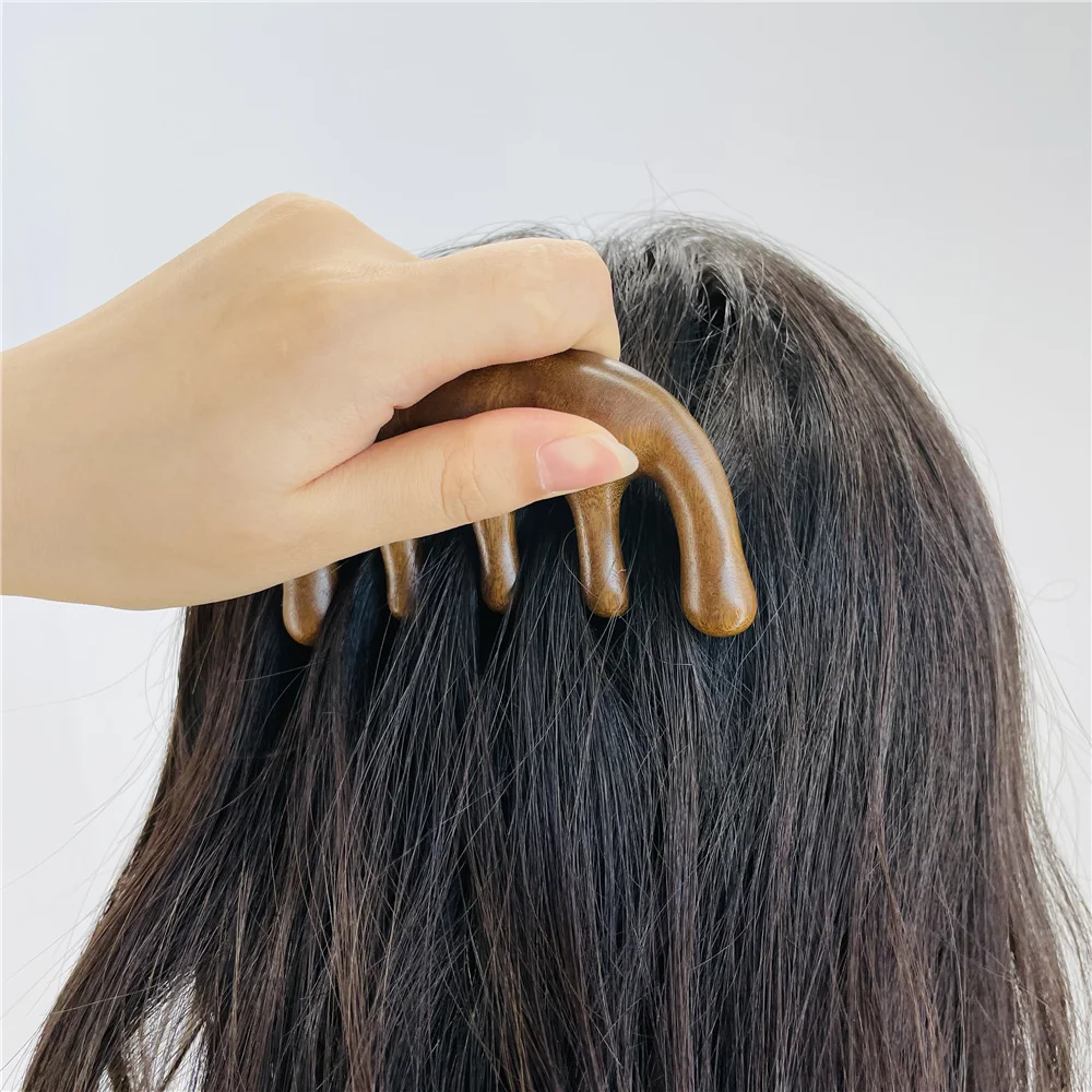 Head Meridian Massage Comb Green Sandalwood Five Wide Tooth Comb Acupuncture Therapy Blood Circulation Anti-static Smooth Hair