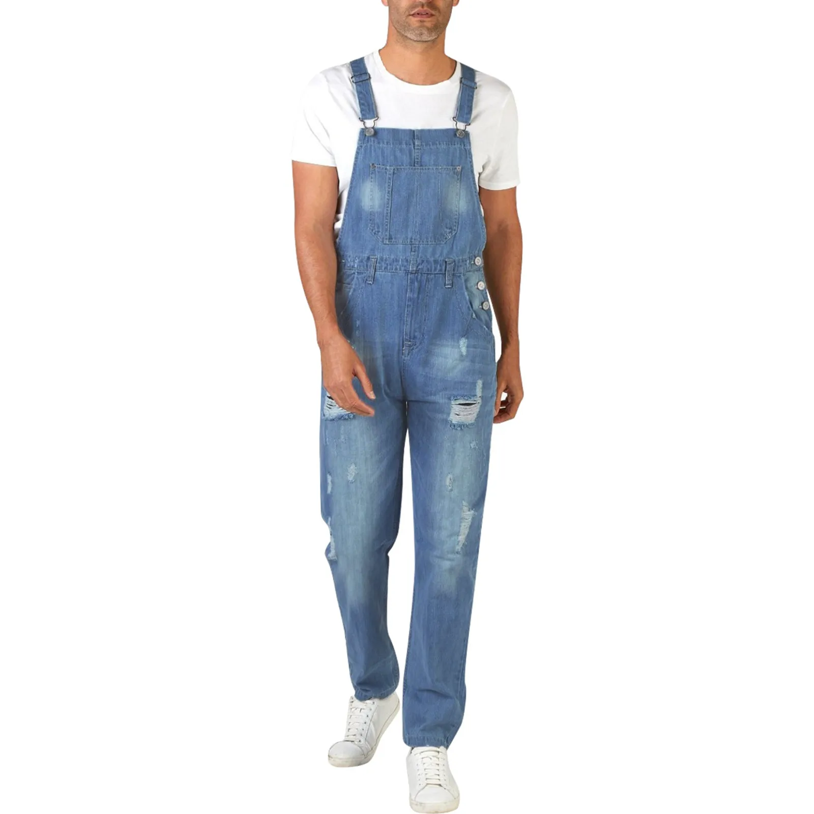 

Men'S Ripped Jeans Jumpsuits Y2k Vintage Light Colour Dungarees Fashionable Multi Pocket Hip Hop Overall Stylish Leisure Pants