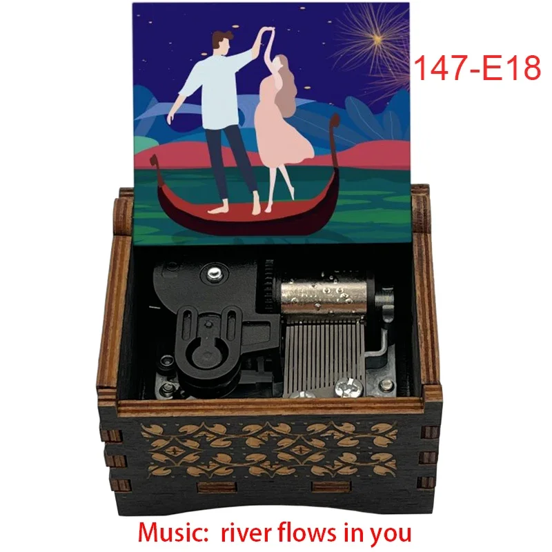 River Flows In You Silver Stainless Steel Metal Clockwork Type Movement Black Wooden Music Box Holiday Gifts for Friends