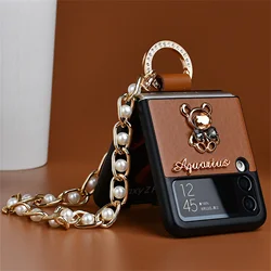 Elegant Korean Pearl Bracelet with Rhinestone Bow and Bear Charm - Brown Ring Case Cover for Samsung Z Flip4 (A)