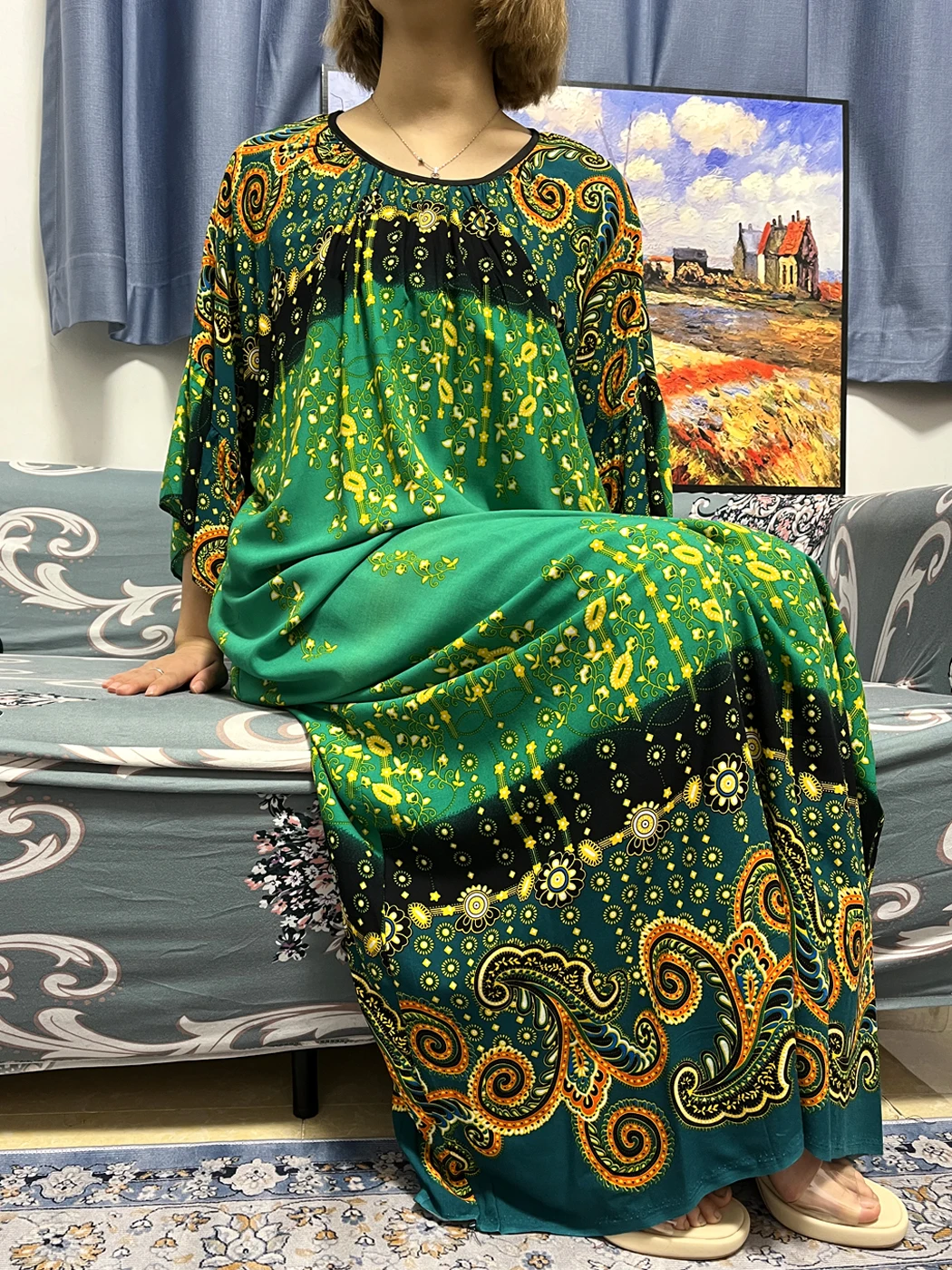 Muslim Abayas For Women Dubai Turkey Print Floral Round Neck Loose African Dress For Women Kaftan Marocain Femme Robe Big Scarf