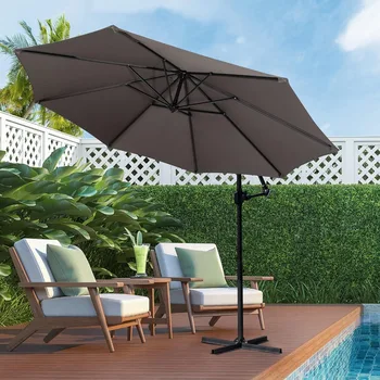 Patio Offset Umbrella w/Easy Tilt Adjustment,Crank and Cross Base, Outdoor Cantilever Hanging Umbrella with 8 Ribs, 95% UV 3
