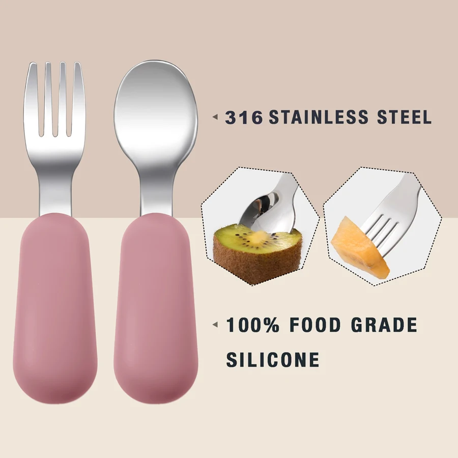 2PC Baby Silicone Stainless Steel Spoon Set Children's Training Fork Spoon Portable Baby Feeding Utensils Tableware Set With Box 5