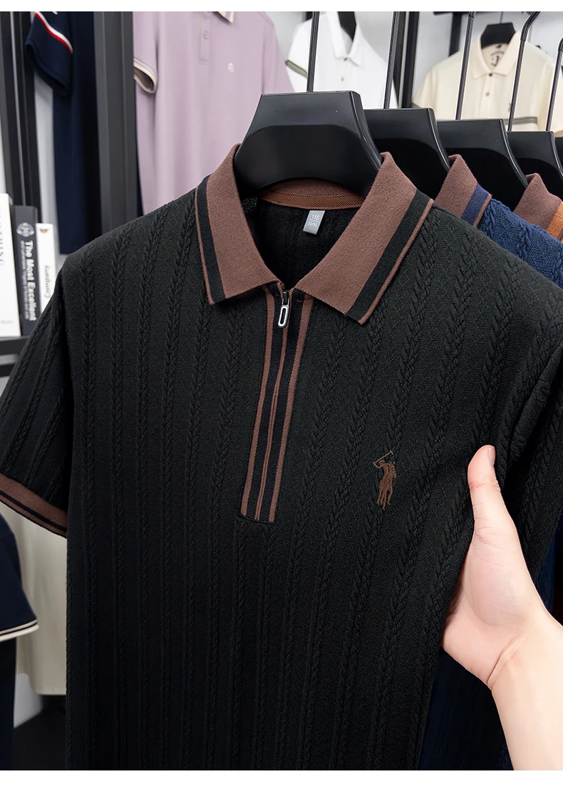 Luxus Marke Kurzarm T-Shirt Männer Flip-up Sommer Mode Zipper Design Golf Pony Stickerei Gelegenheitsstrickte POLO Shirt – Detail 19