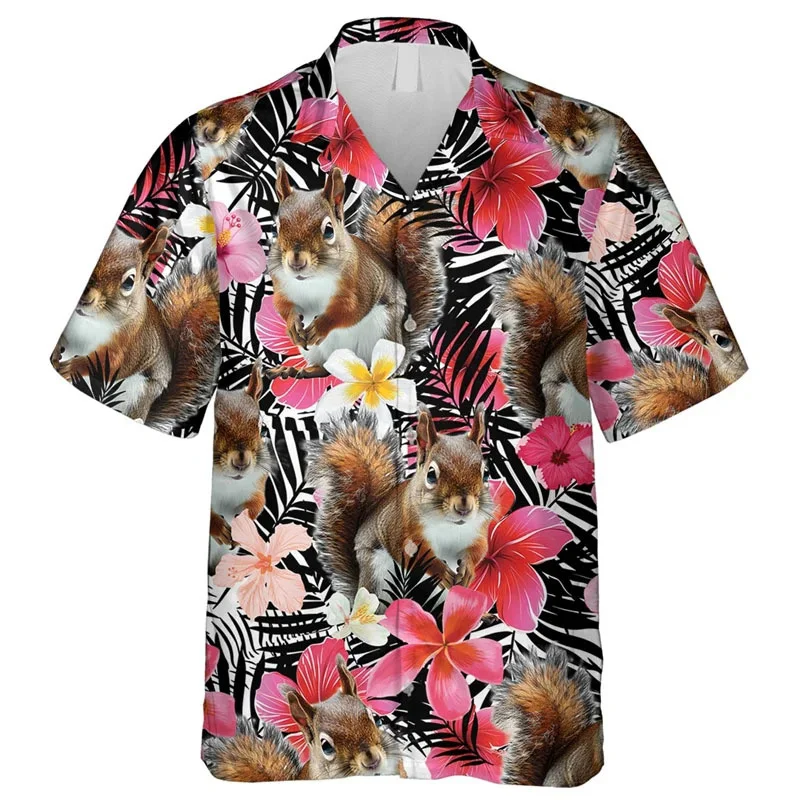 thumbnail image 1 of Camisa hawaiana con estampado de ardillas para hombre, camisas hawaianas con estampado de animales de dibujos animados en 3D, blusas casuales con solapa, blusas de manga corta para niños, 1 of 5