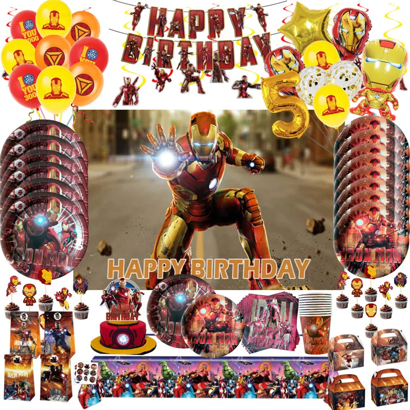 Iron Man Party Decorations Disposable Tableware Plate Cup Tablecloth Kid Birthday Party Foil Balloons Avenger Theme Event Supplies Birthday Tableware Set Birthday Party Supplies Party Supplies Disposable Tablecloth