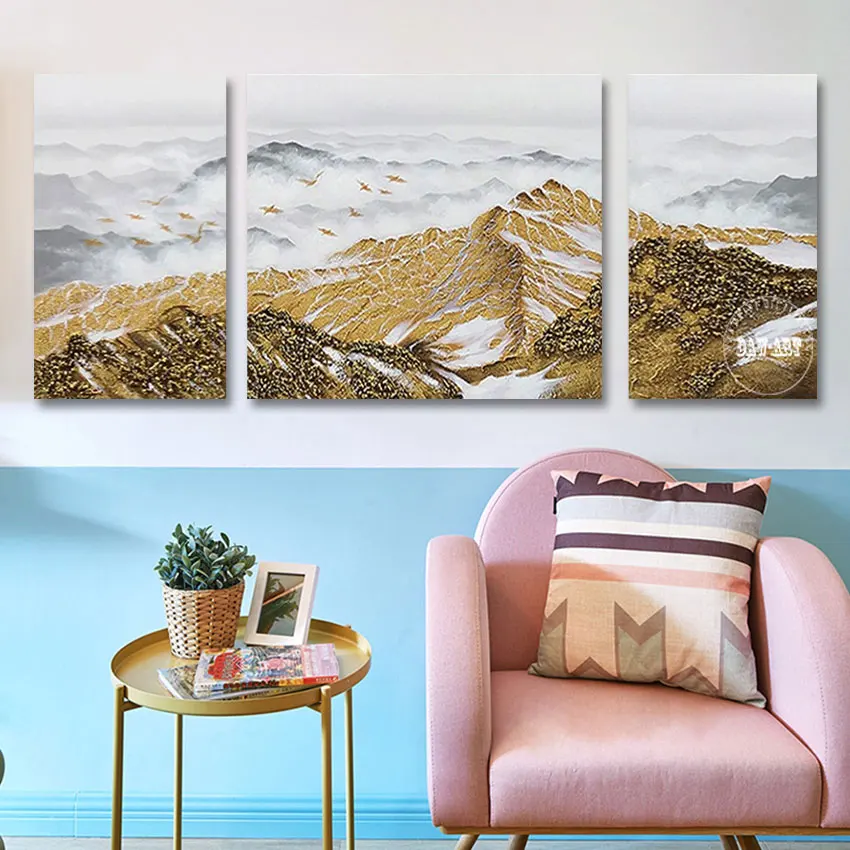 

Abstract Canvas Style Landscape Wall Frameless Gold Foil Painting Clouds Mountains Scenery Art Picture 3PCS Acrylic Decorative