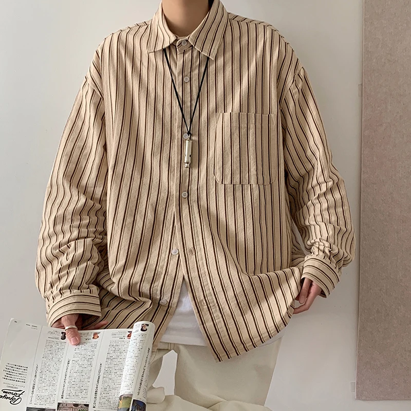 PFNW Men's Striped Shirt Vintage Loose Lapel Long-sleeve Single-breasted Pocket Design Fashion Korean Style Male Top 28W3159