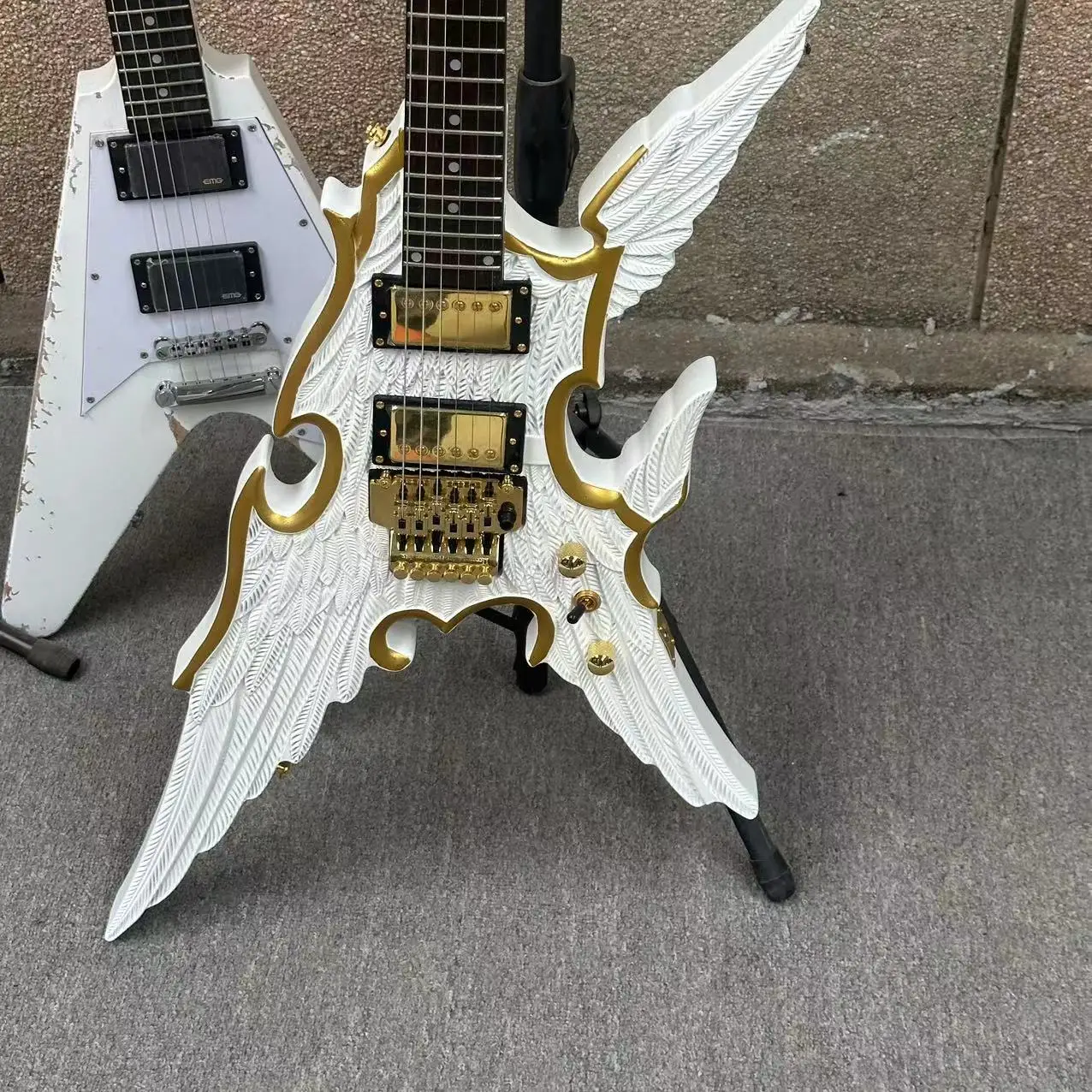 Engraved Angel Wings 6-S Electric Guitar HH White Body with Gold Parts Fast