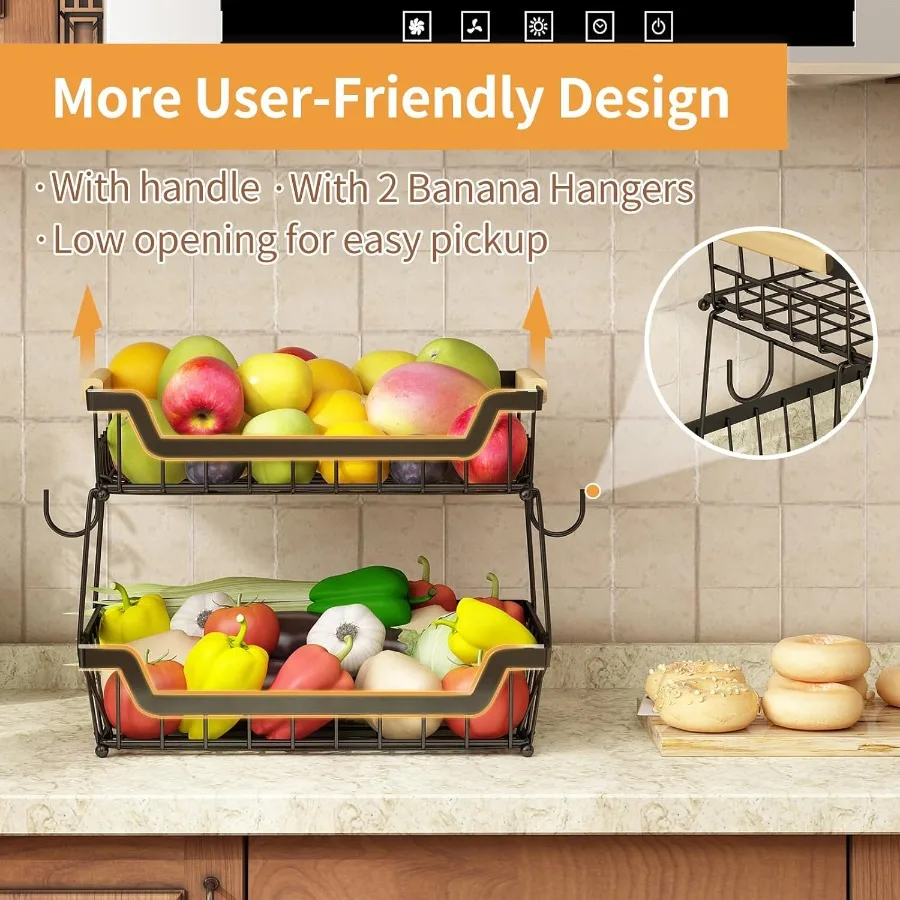 2 Tier Countertop Fruit Basket with 2 Banana Hangers for Kitchen Detachable Metal Organizer for Bread Vegetable Fruits with Woo